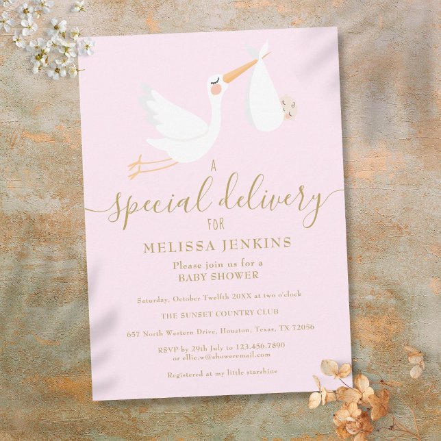 Faire-Part de Bébé Cigogne Livraison Spéciale Rose (A Special Delivery Stork Baby Shower / Sprinkle Invitation)