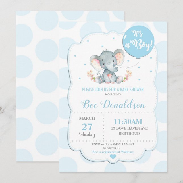 Faire-part de Bébé éléphant garçon points bleus (Devant / Derrière)