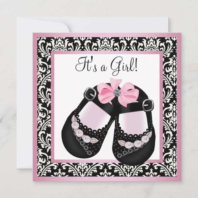 Faire-part de Bébé Fille Chaussures en Damassé Ros (Devant)