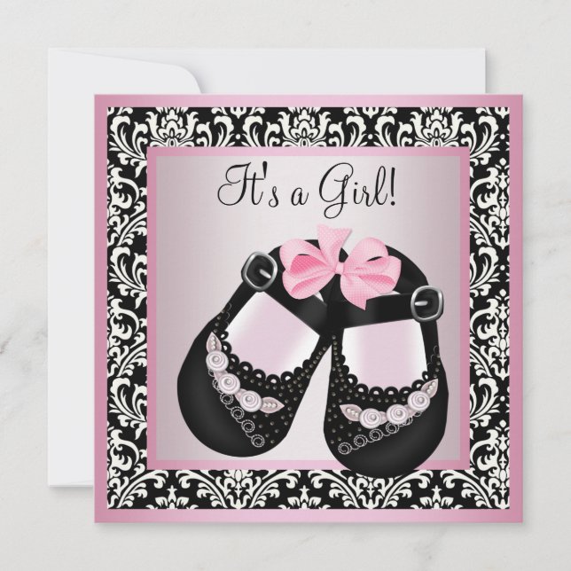 Faire-part de Bébé Fille Chaussures en Damassé Ros (Devant)