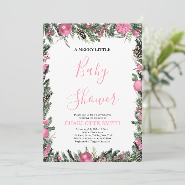 Faire-Part de Bébé Fille pour un Noël Baby Shower (Debout devant)