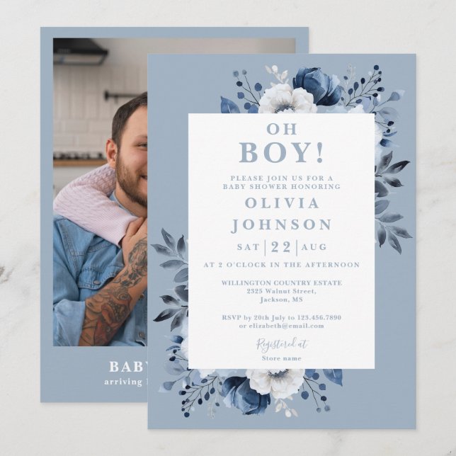 Faire-Part de Bébé Fleur Bleu Poussière Oh Boy (Devant / Derrière)