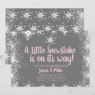 Faire-part de Bébé Flocons de Neige Rose Script Ro