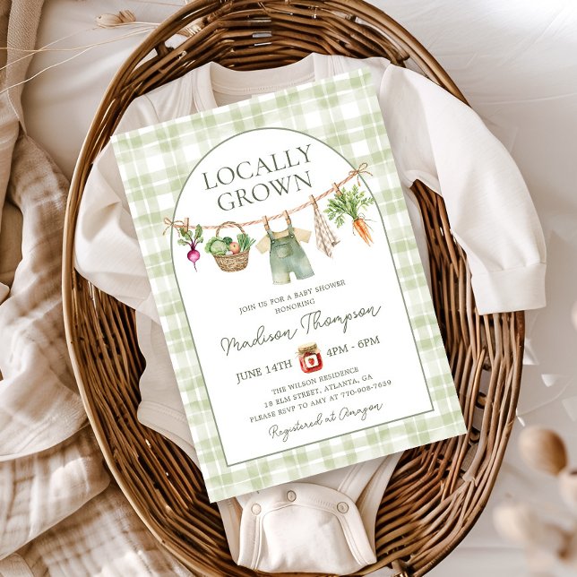 Faire-Part de Bébé Garçon Gingham Vert Sauge Local (Créateur téléchargé)