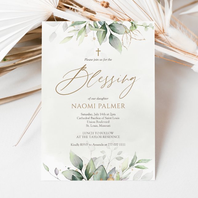 Faire-part de bénédiction de bébé à l'aquarelle av (Greenery Watercolor Baby Blessing Invitation Card)