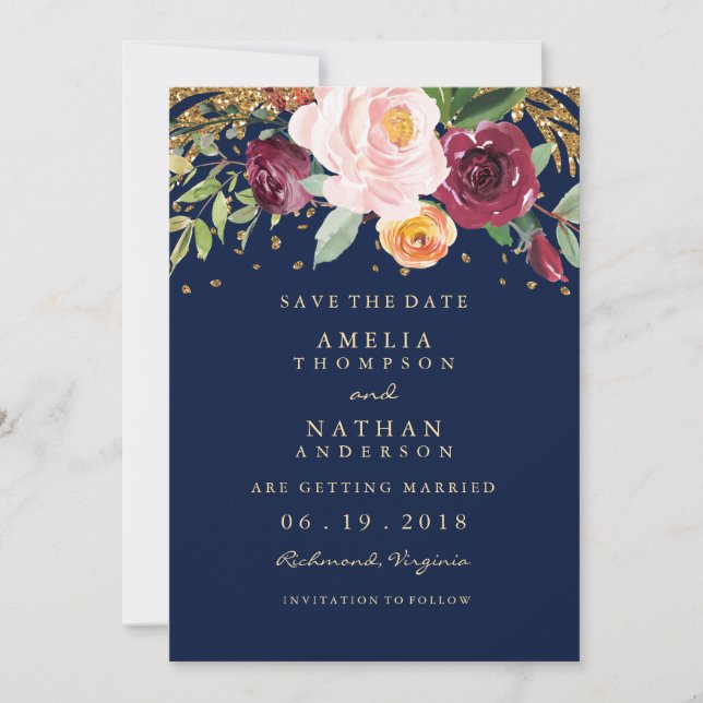 Faire-part de Burgundy Navy Floral Glitter (Devant)