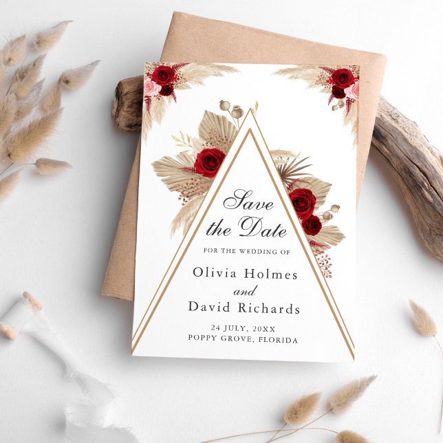 Faire-part de Burgundy Roses Pampas Grass (Burgundy Roses and Pampas Grass Save the Date Card on a table surrounded with pampas grass.)