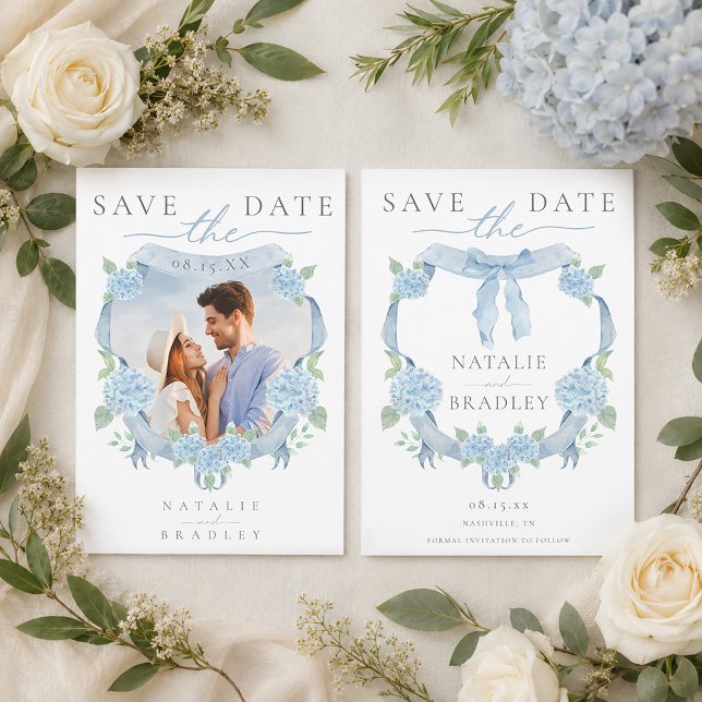 Faire-part de carte de rendez-vous de photo d'hort (Watercolor Blue Hydrangea Photo Save the Date Invitation)