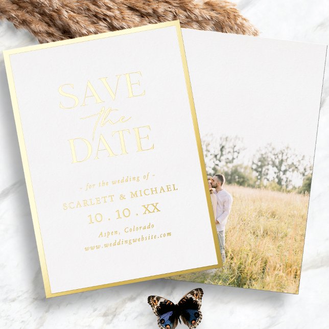 Faire-part de carton de rendez-vous photo or simpl (Simple Minimalist Modern Gold Photo Save The Date Foil Invitation by Painted Paperie
)