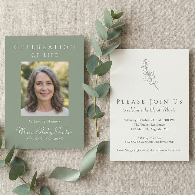 Faire-part de célébration de vie avec photo vert s (Sage Green Botanical Custom Photo Celebration of Life Invitation)