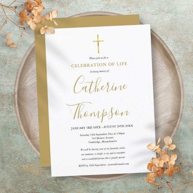 Faire-part de célébration de vie de funérailles en (Gold Script Celebration of Life Funeral Invitation)