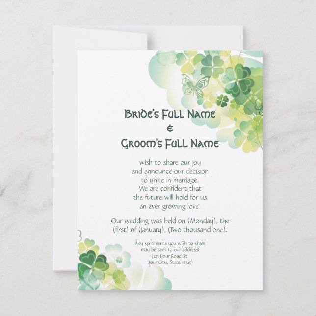 Faire-part de coins de trèfle vert et de papillon (Devant)