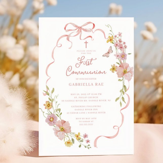 Faire-part de Communion Papillon Floral Rose (Créateur téléchargé)