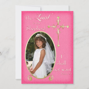 Faire-part de communion photo croisée rose et or
