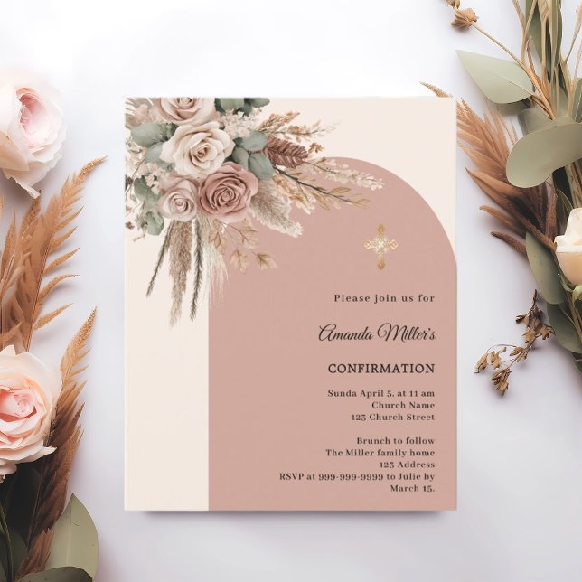Faire-part de confirmation de roses taupe beige ar (Créateur téléchargé)