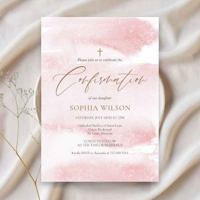 Faire-part de Confirmation Fille Rose Poussiéreux  (Dusty Pink Watercolor Girl Confirmation Invitation Card)