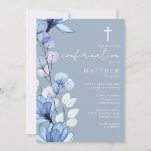 Faire-part de confirmation fleuri transparent bleu