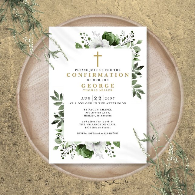 Faire-part de confirmation moderne floral vert oli (Olive Green Floral Botanical Modern Confirmation Invitation)
