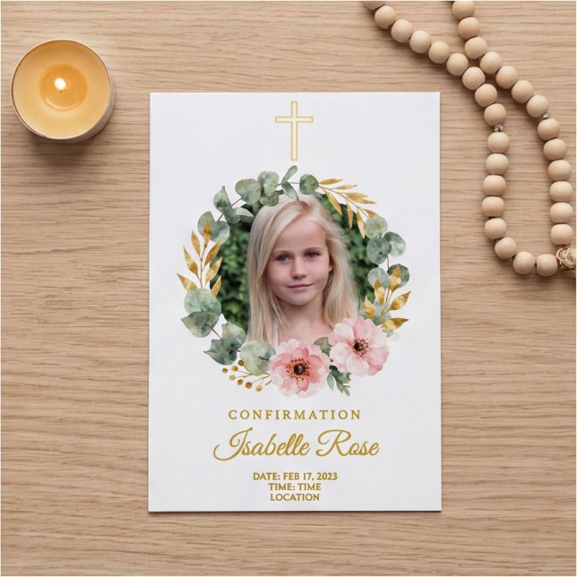 Faire-part de confirmation photo Couronne de croix (Styled with candle and rosary)