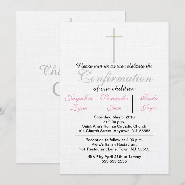 Faire-part de Confirmation Rose pour Triplés (Devant / Derrière)