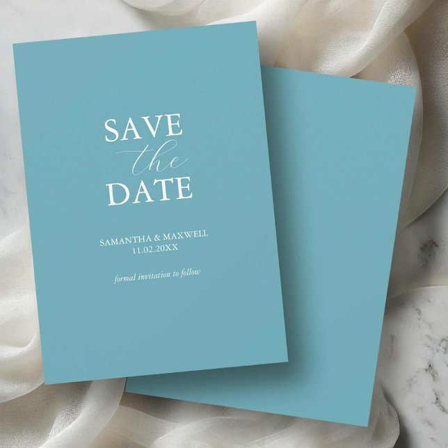 Faire-Part de Date à Sauvegarder Minimal Bleu Non  (non photo save the dates turquoise blue with white typography minimalist design Victoria Grigaliunas)