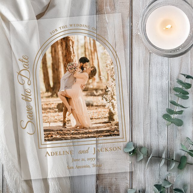 Faire-part de date à sauver élégant écriture arqué (Arched Photo Elegant Script "Save the Date" Acrylic Announcement - Natural Text and Accents)