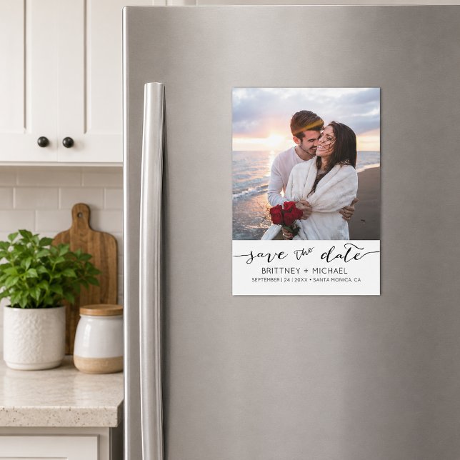 Faire-part de date de main écrite (Timeless save the date magnet featuring elegant handwritten script typography and white bottom.)