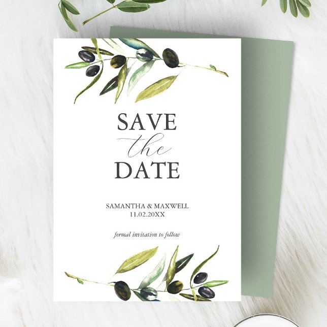 Faire-part de date de mariage à branche d'olivier  (wedding save the date botanical watercolor olive branch)