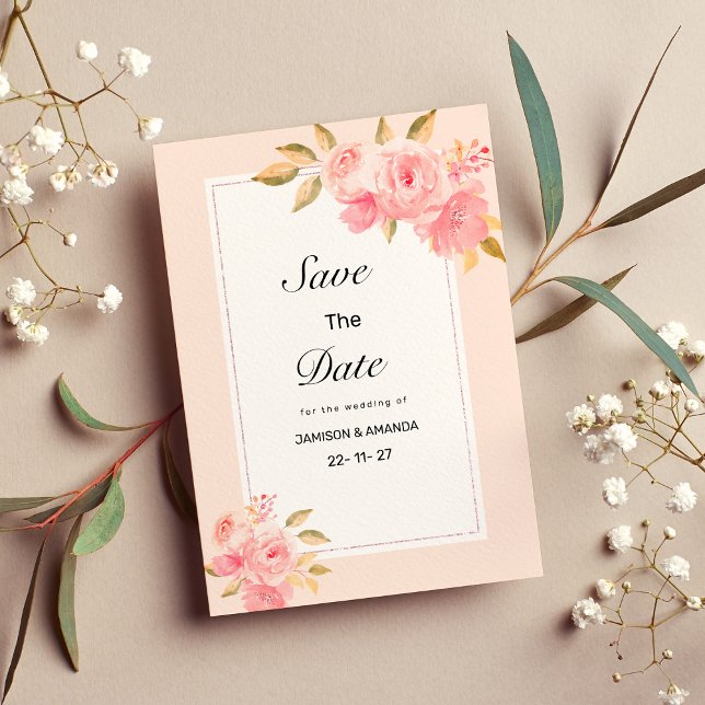 Faire-part de date de mariage à l'aquarelle rose p (Watercolor mint pastel pink floral Save The Date)
