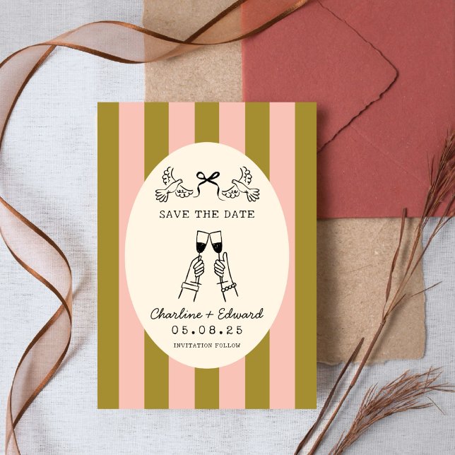 Faire-part de date de mariage à rayures roses capr (Créateur téléchargé)