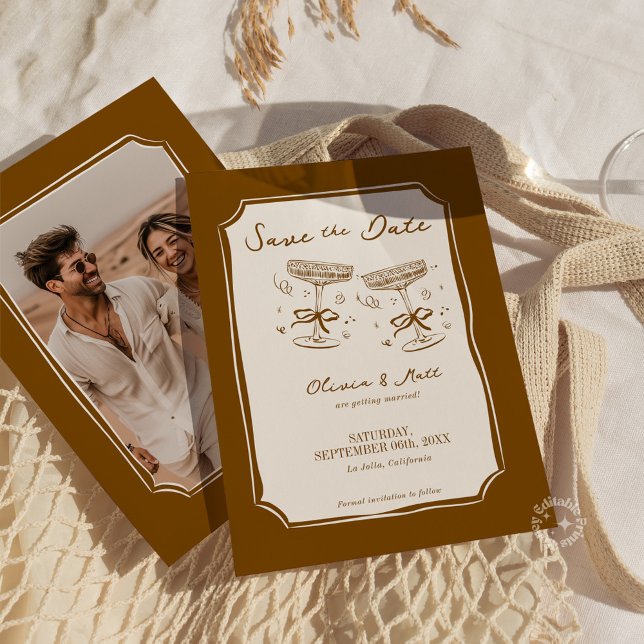 Faire-Part de Date de Mariage Champêtre avec Photo (Whimsical Save The Date Champagne with Photo Boho Invitation)
