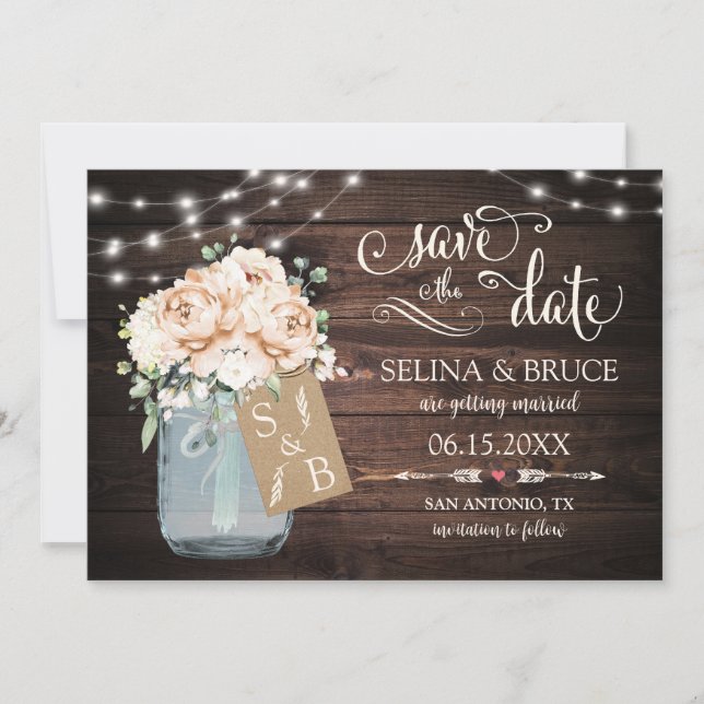 Faire-part de date de mariage en bois rustique flo (Devant)