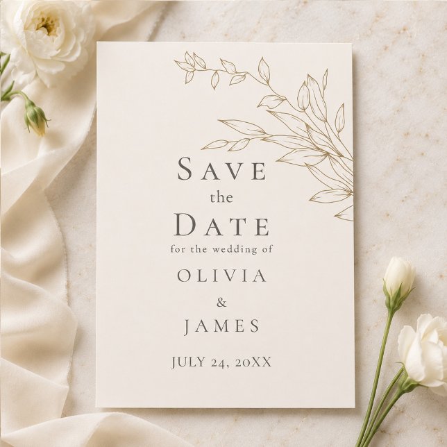 Faire-part de date de mariage en botanique Ivoire  (Ivory & Antique Gold Botanical Save the Date Invitation on an elegant table with flowers)