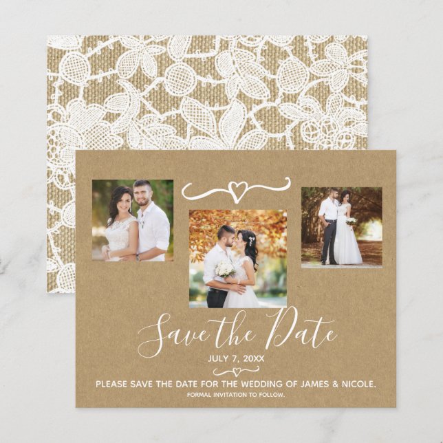 Faire-part de date de mariage en kraft avec dentel (Devant / Derrière)