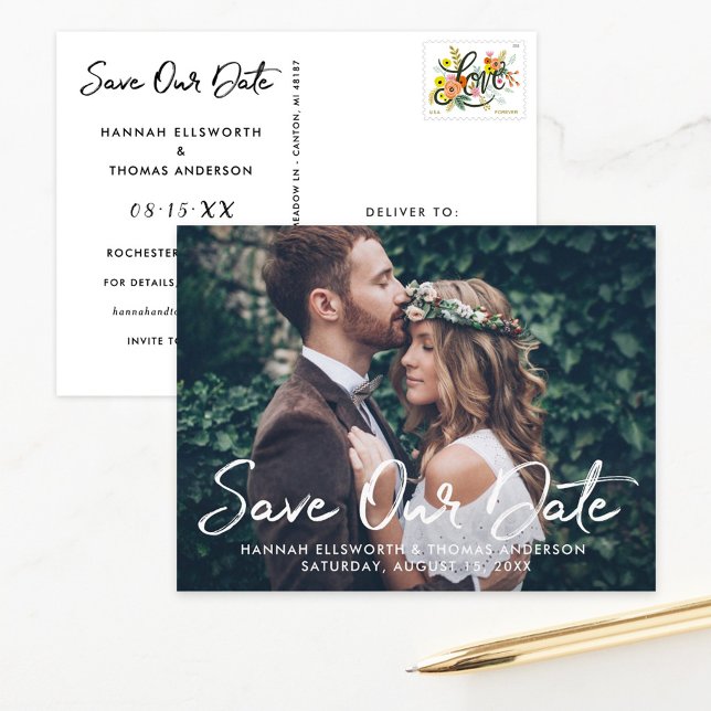 Faire-part de date de mariage en script blanc sur  (Créateur téléchargé)
