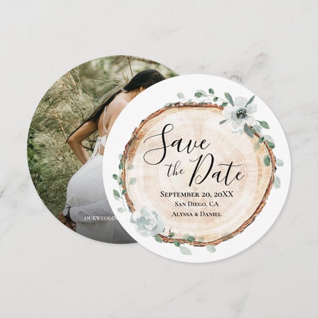 Faire-part de date de mariage en tranche de bois r (Devant / Derrière)