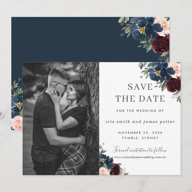 Faire-part de date de mariage floral Bourgogne Nav (Devant / Derrière)