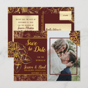 Faire-part de date de mariage floral doré Bourgogn