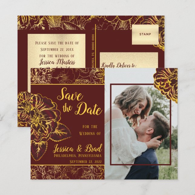 Faire-part de date de mariage floral doré Bourgogn (Devant / Derrière)
