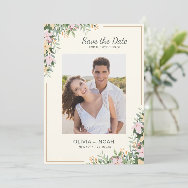 Faire-part de date de mariage floral romantique av (Debout devant)
