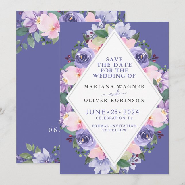 Faire-part de date de mariage floral violet (Devant / Derrière)