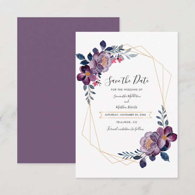 Faire-part de date de mariage géométrique violet f (Devant / Derrière)