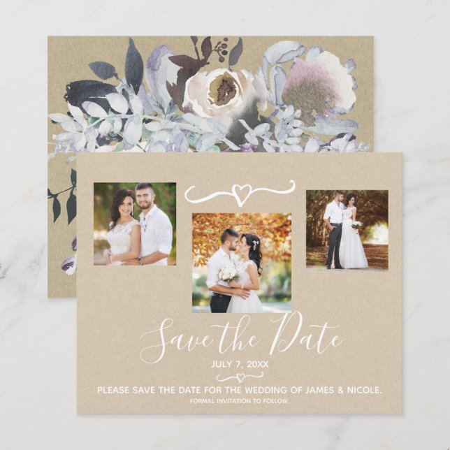 Faire-Part de Date de Mariage Kraft Floral Aquarel (Devant / Derrière)