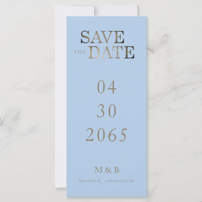 Faire part de date de mariage moderne bleu or  (Devant)