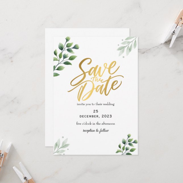 Faire-part de date de mariage romantique à la verd (Devant/Arrière en situation)