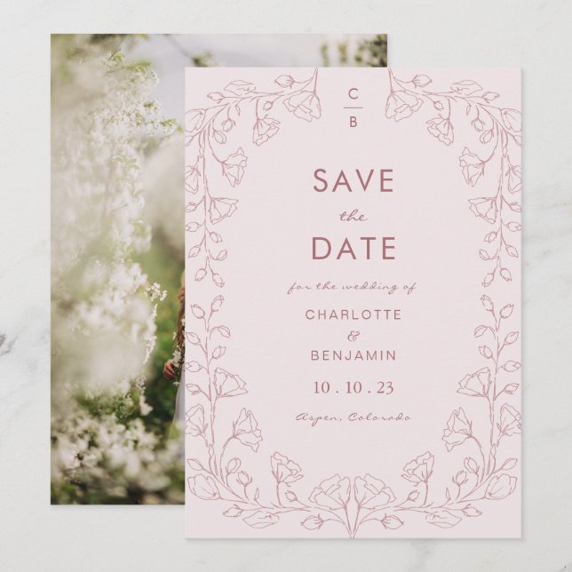 Faire-part de date de mariage Rose Pâle (Devant / Derrière)