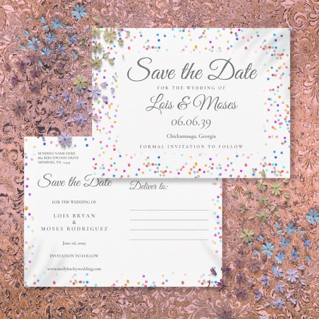 Faire-part de date de Romantique sous la pluie de  (Romantic Rainbow Confetti Save the Date Announcement Postcard)