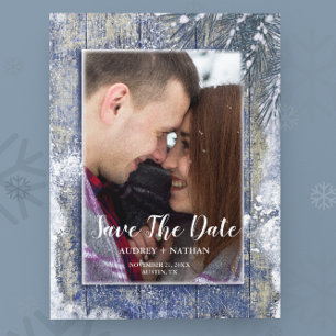 Faire-part de date de Rustic Winter Snow Barn Wood