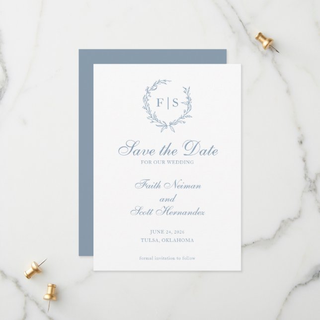 Faire-part de date de sauvegarde à monogramme bleu (Devant/Arrière en situation)