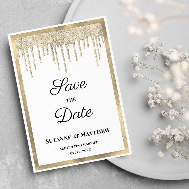 Faire-part de date de sauvegarde à paillettes en o (Luxury white gold glitter drips Save the Date)